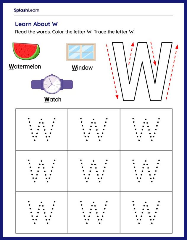 Color And Trace - Uppercase W - Ela Worksheets - Splashlearn