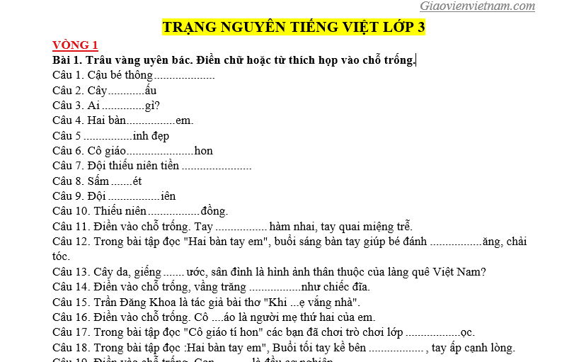 Tài Liệu Ôn Thi Trạng Nguyên Tiếng Việt Nhỏ Tuổi Lớp 3 - Giáo Viên Việt Nam