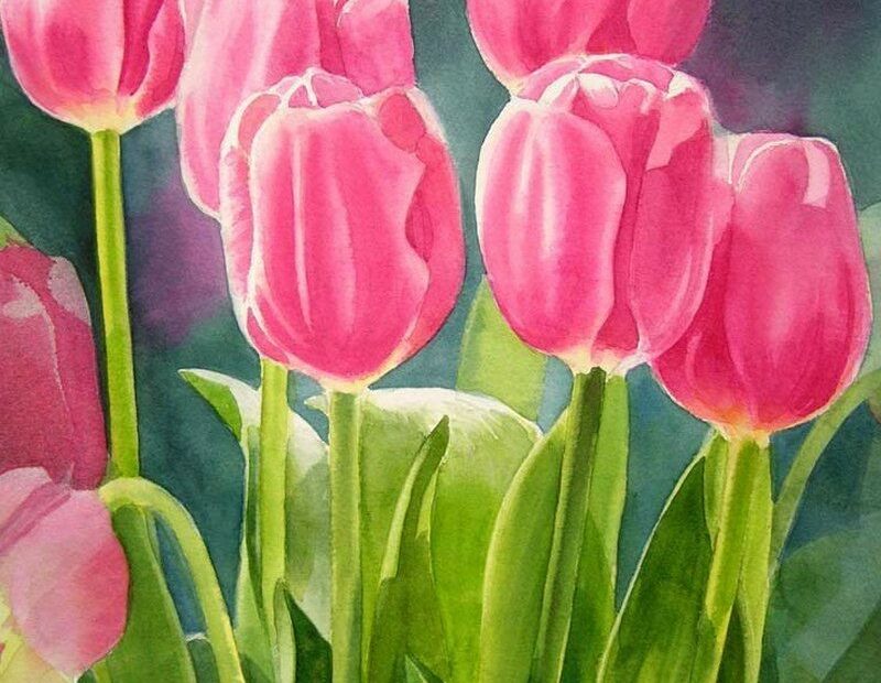 Tranh Vẽ Vườn Hoa Tulip Màu Hồng Đẹp