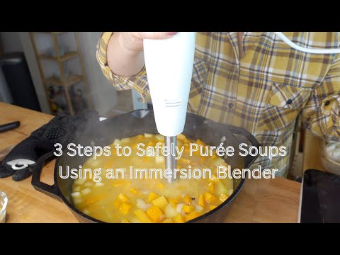 3 steps to #safely #purée #soup using an immersion blender.